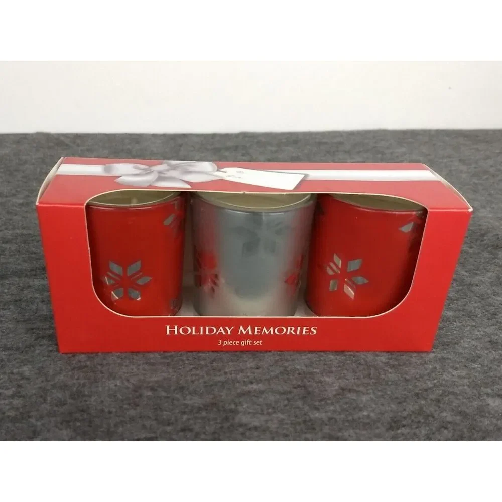 Kohls 3‎ Pc Votive Candle Gift Set Holiday Memories Red & Silver Hostess NEW
